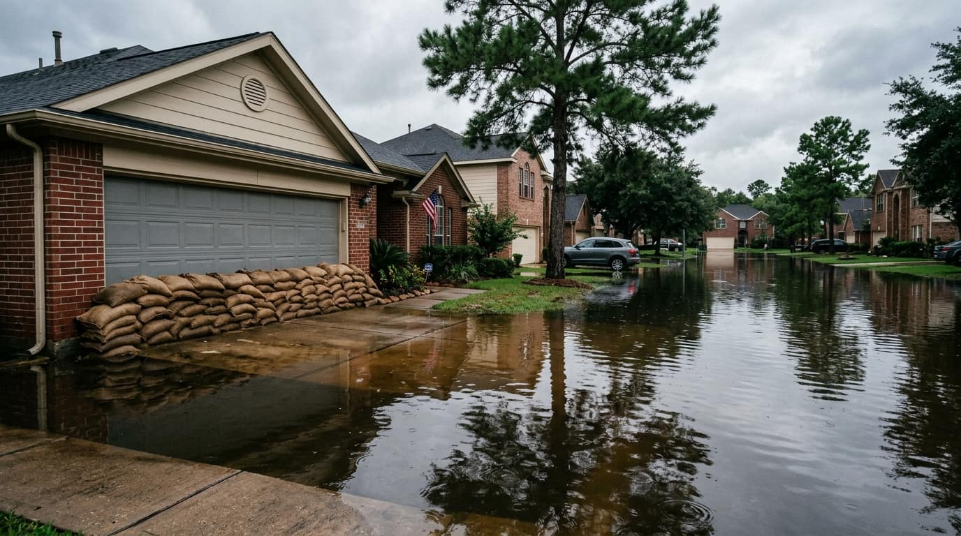 Residential street with standing floodwater and sandbags by a garage