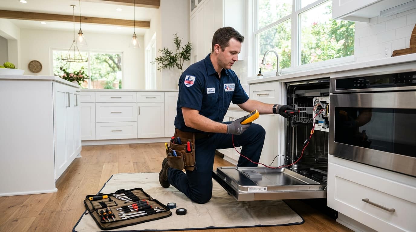 Repair technician servicing a kitchen appliance