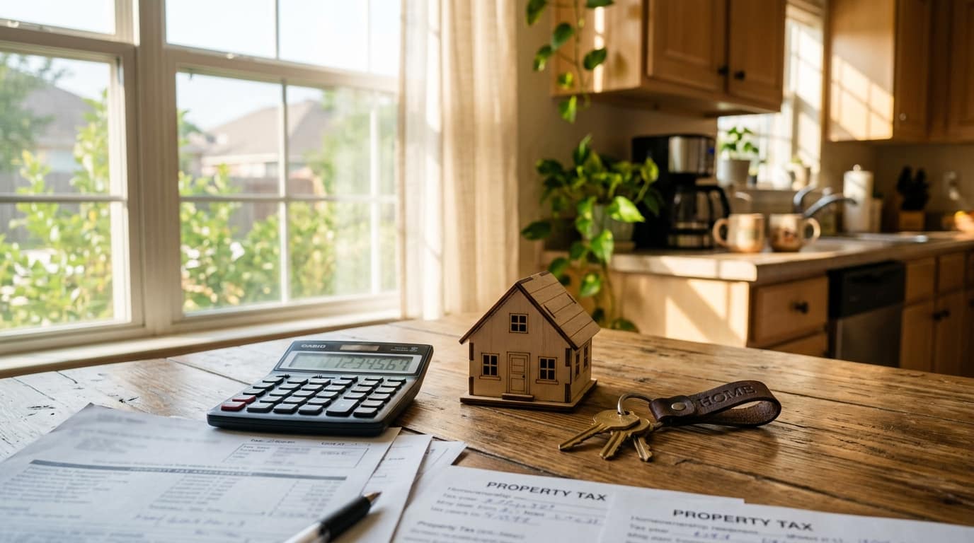 Calculator, tax paperwork and house keys on a kitchen table