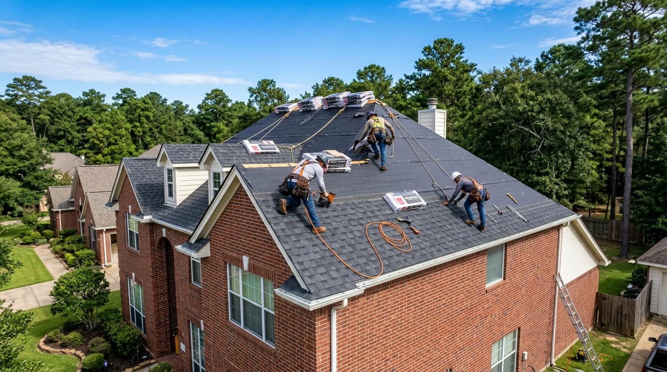 Roofers installing architectural asphalt shingles on a Texas home